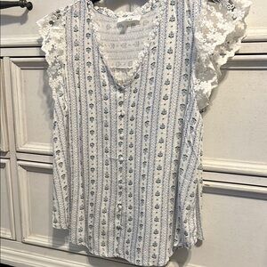 Floral Lace Trim Woven Blouse - White